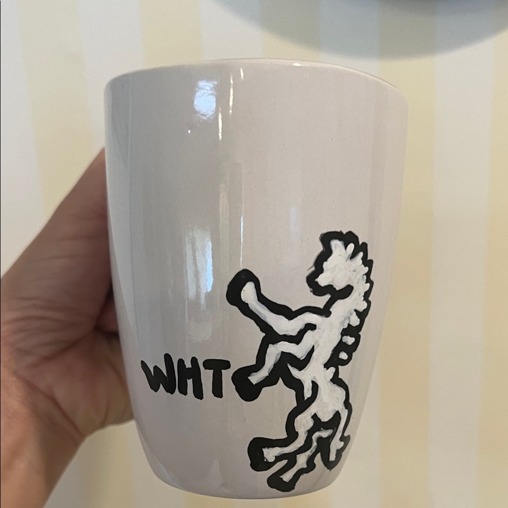 # 0854+ White Ceramic Mug W/WHT Black Ink Horse Handmade Art